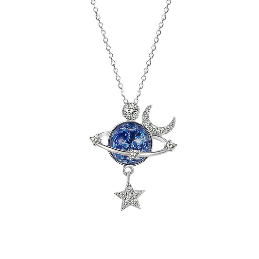 Fantasy Universe Planet Necklace with Small Design Sense Star Moon Set Zirconia Lock Bone Chain Necklace - SkyeDragon Gifts