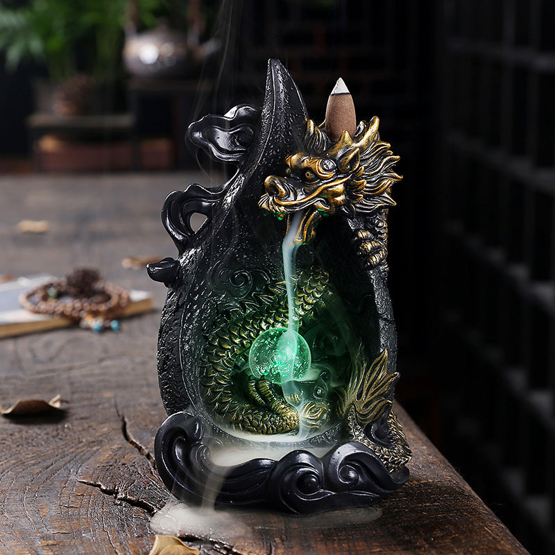 Resin Smoke Backflow Aromatherapy Furnace Creative Large Dragon LED Light Waterfall Backflow Incenseware Handicraft Ornaments