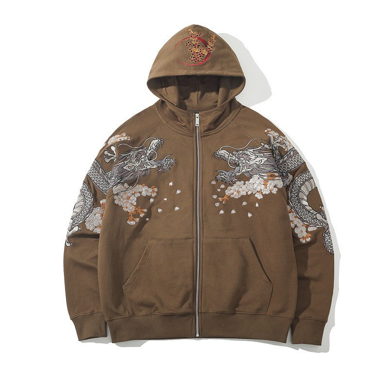 Sweatshirt men green dragon embroidered hooded top Japanese fashion versatile autumn and winter sweatshirt jacket - SkyeDragon Gifts