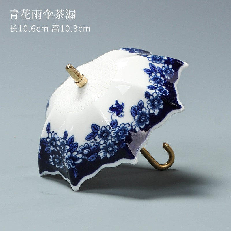 Blue & White Porcelain Umbrella Tea Strainer with Tassel – Chinese Style Ceramic Tea Filter - SkyeDragon Gifts
