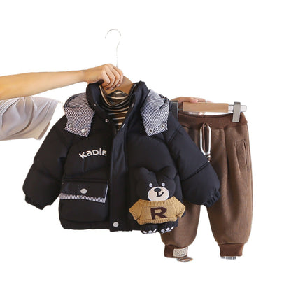 Boys Winter Warm Fleece-Lined 3-Piece Set Bear Pattern Cotton Padded Jacket Outfits Toddler Clothes