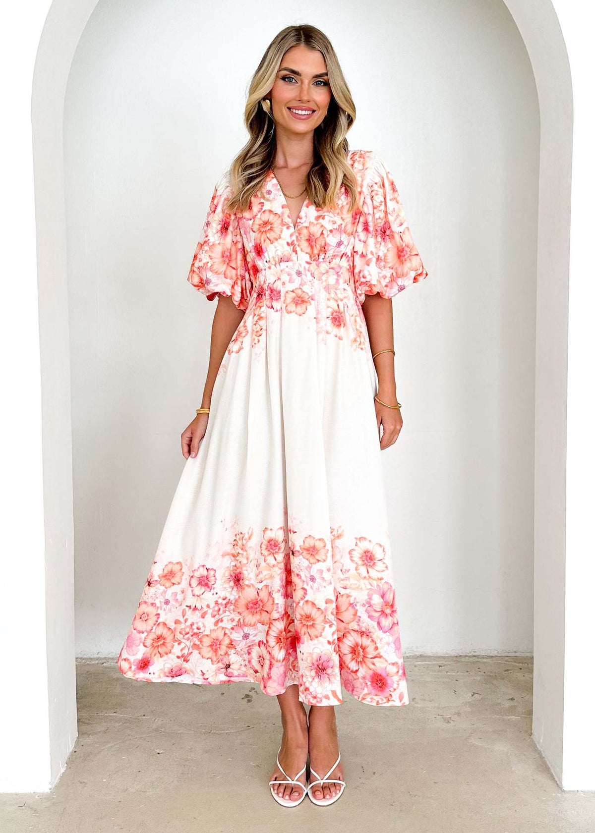Strap print fairy style medium long style dress with a large swing for women