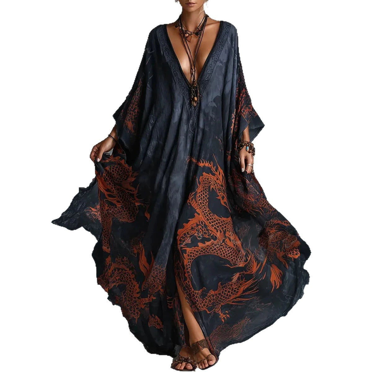 Dragon print beach vacation long dress outerwear - SkyeDragon Gifts