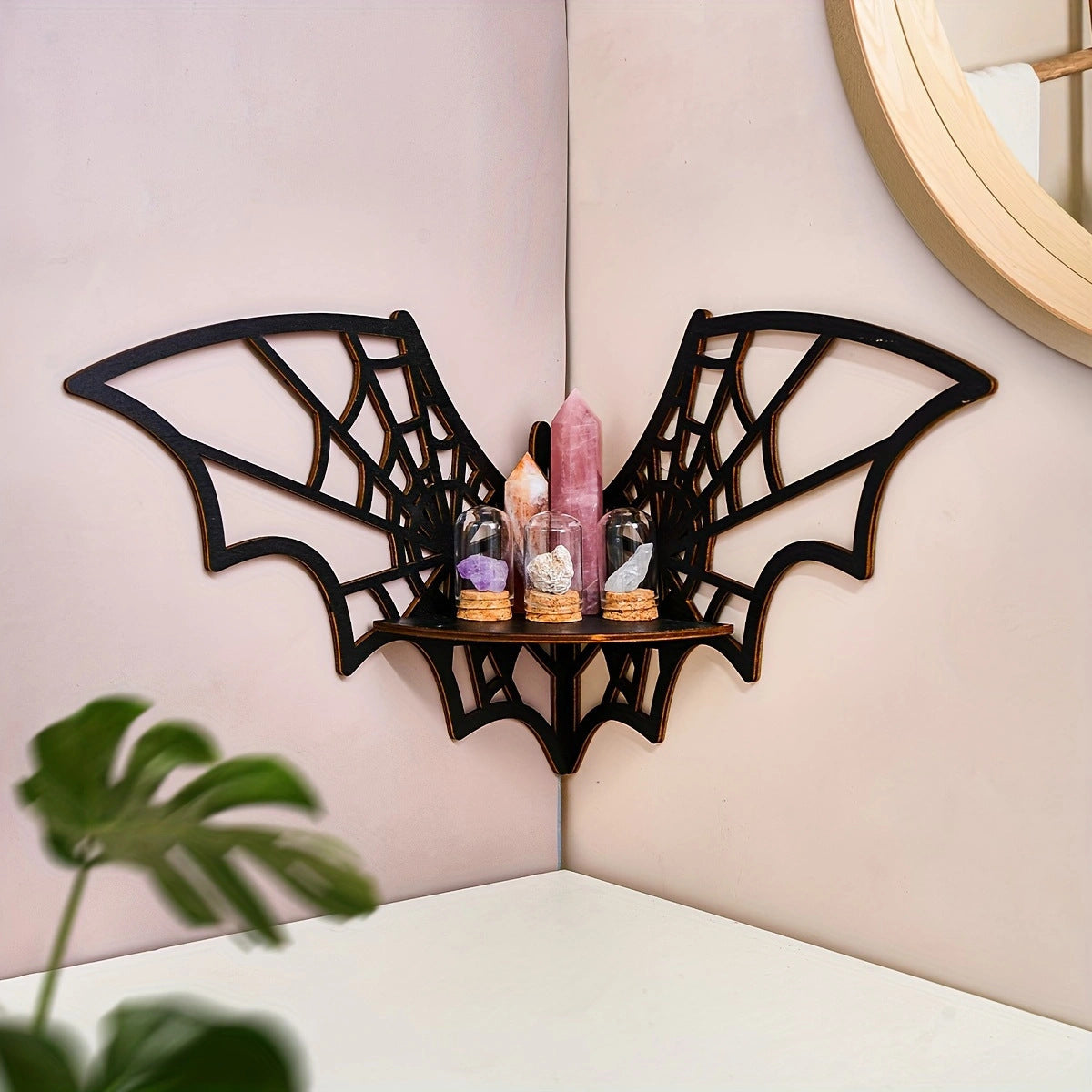 Wooden Bat Spider Web Right Angle Corner Shelf for Bedroom and Bathroom Storage Rack - SkyeDragon Gifts