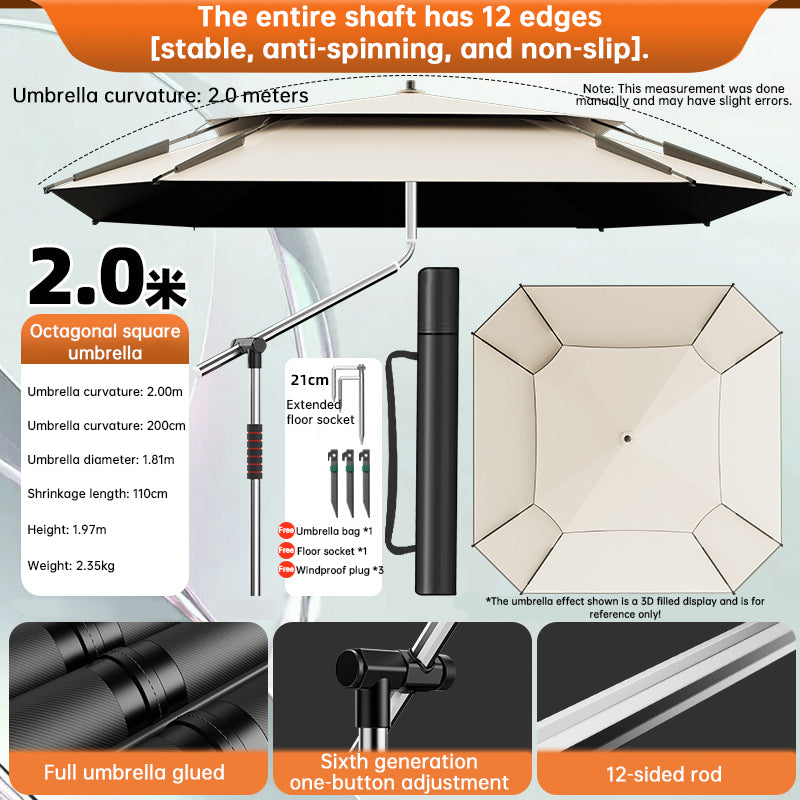 2.0-2.6m Octagonal Fishing Umbrella Portable Beach Sun Shade Camping Parasol UV Waterproof with Carry Bag - SkyeDragon Gifts