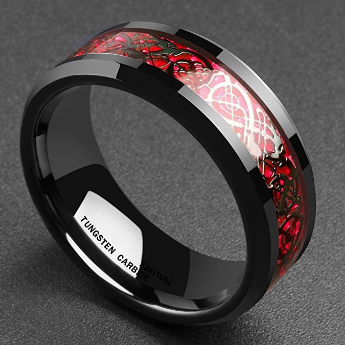 Men's 8mm Red Carbon Fiber Black Celtic Dragon Tungsten Carbide Ring Men Comfort Fit Wedding Rings - SkyeDragon Gifts