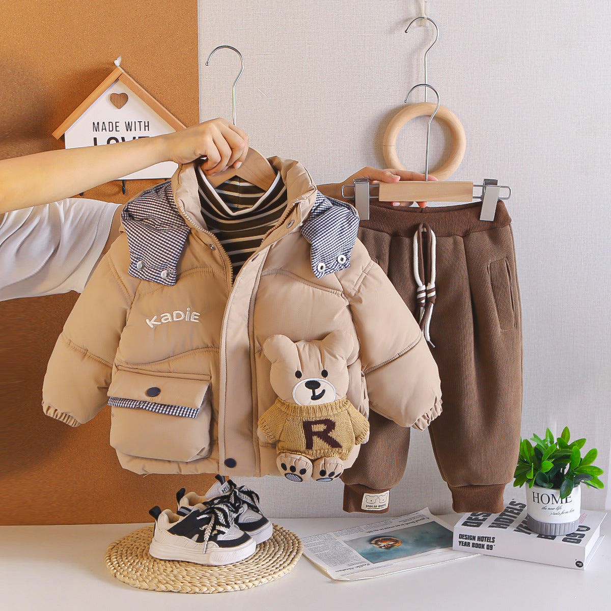 Boys Winter Warm Fleece-Lined 3-Piece Set Bear Pattern Cotton Padded Jacket Outfits Toddler Clothes