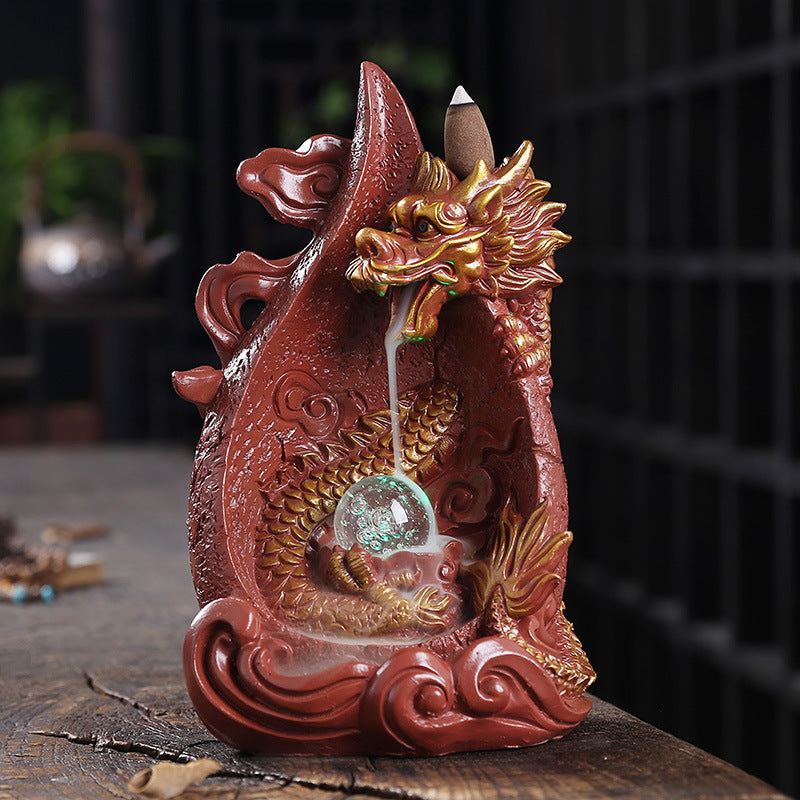 Resin Smoke Backflow Aromatherapy Furnace Creative Large Dragon LED Light Waterfall Backflow Incenseware Handicraft Ornaments