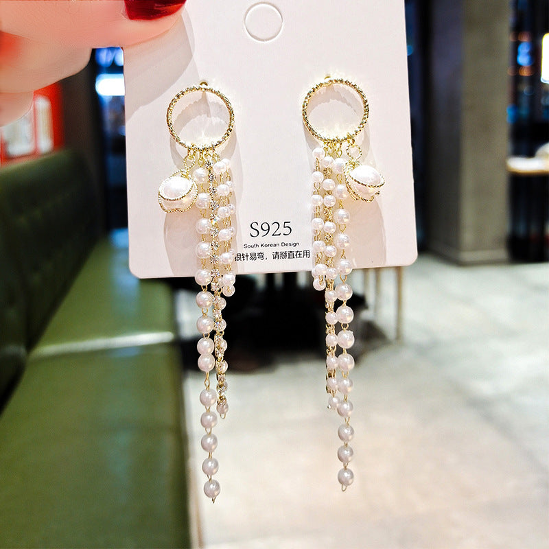 Super Fairy Tassel Pearl Earrings Net Red Trend Temperament Long Earrings S925 Silver Needle Ear Jewelry
