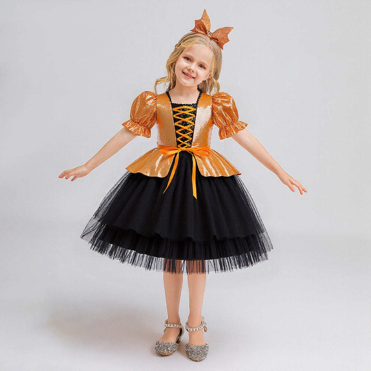 Fairy Tale Princess Dress for Girls Halloween Costume Puff Sleeve Ball Gown with Bowknot Tulle Skirt
