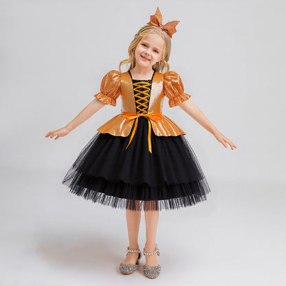 Fairy Tale Princess Dress for Girls Halloween Costume Puff Sleeve Ball Gown with Bowknot Tulle Skirt