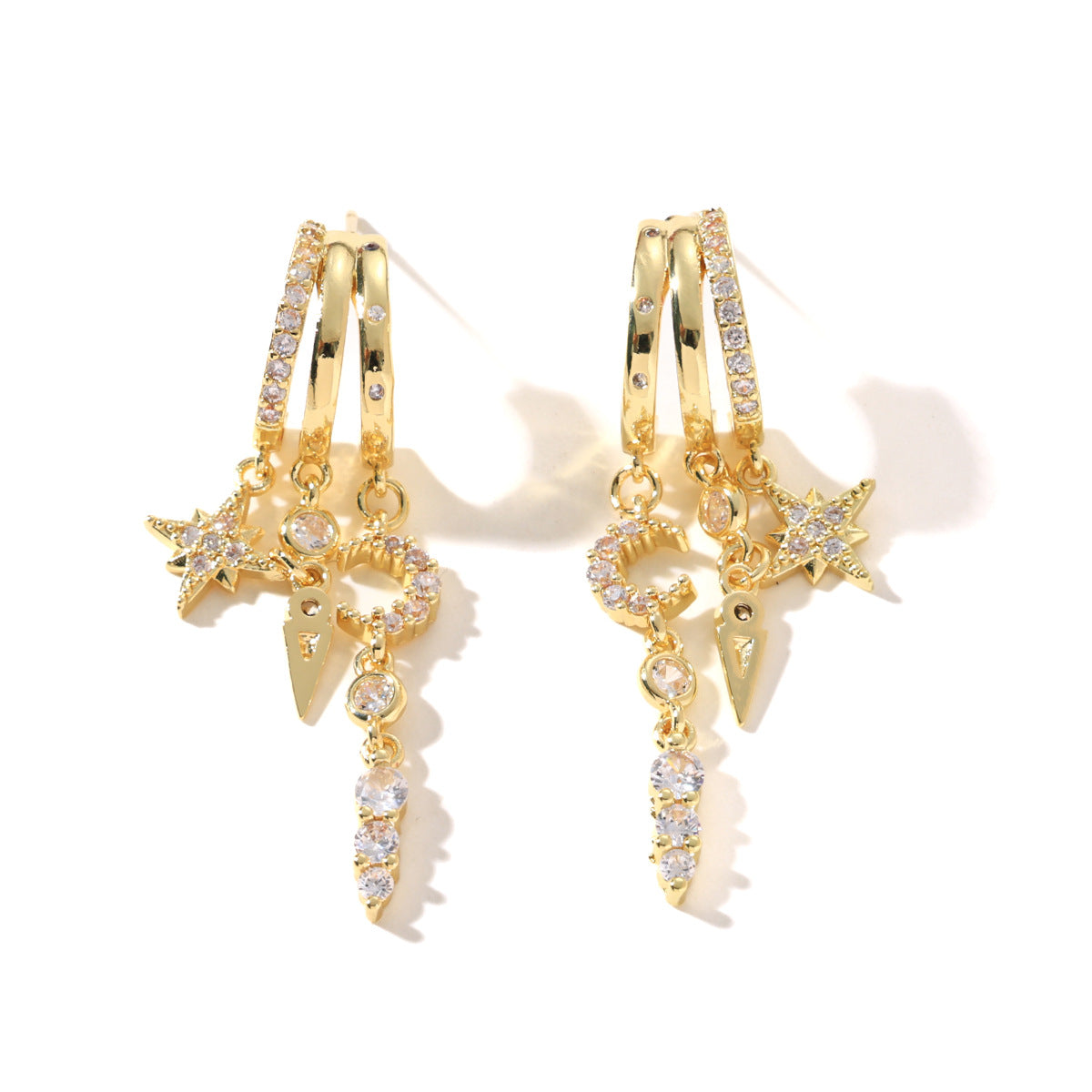 Star and Moon Asymmetric Earrings Set of 3, Cubic Zirconia Stud and Clip-On Earrings - SkyeDragon Gifts