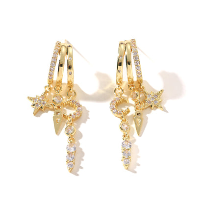 Star and Moon Asymmetric Earrings Set of 3, Cubic Zirconia Stud and Clip-On Earrings - SkyeDragon Gifts