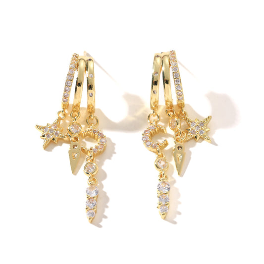 Star and Moon Asymmetric Earrings Set of 3, Cubic Zirconia Stud and Clip-On Earrings - SkyeDragon Gifts