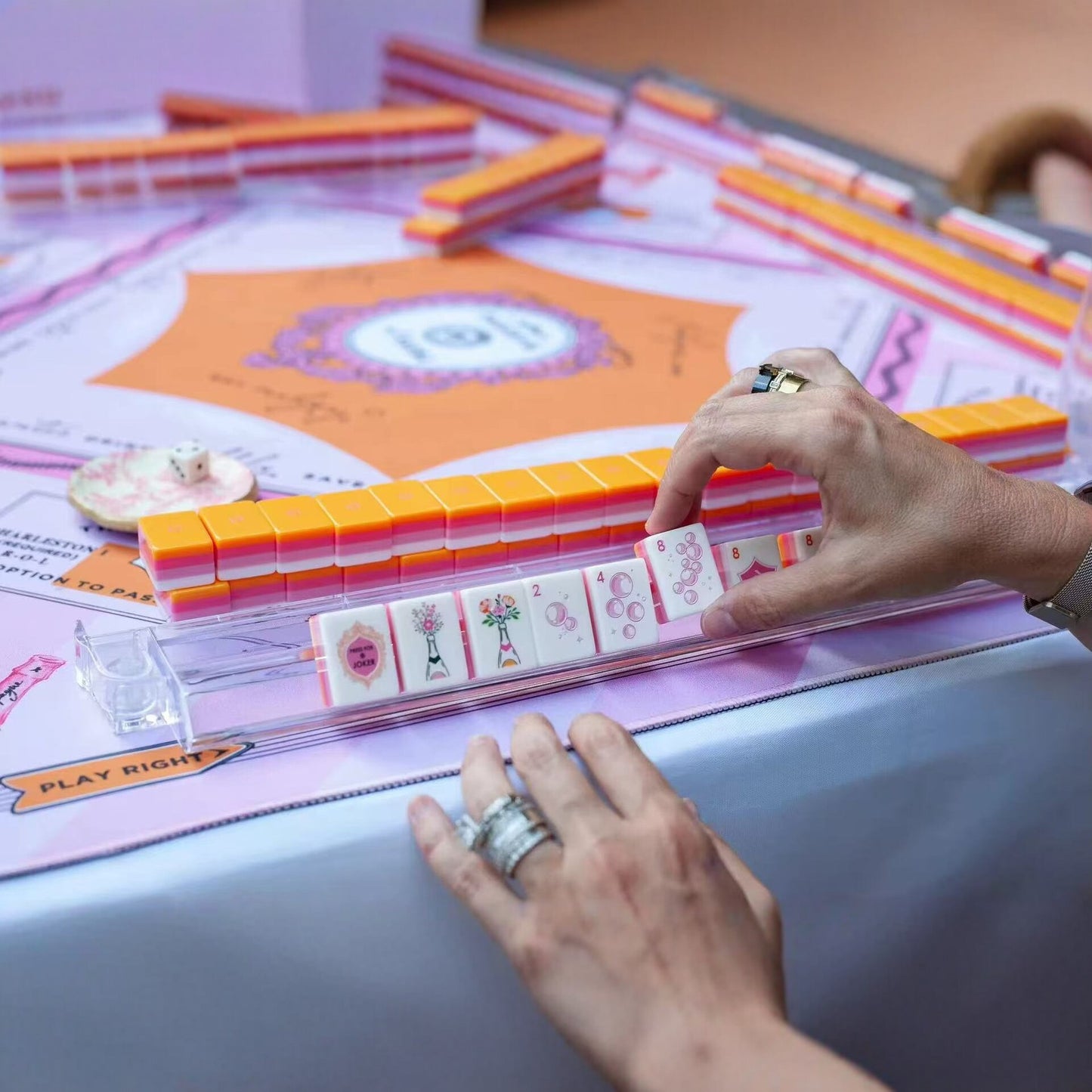 Four-Layer Orange Champagne Acrylic American Mahjong Tiles, Hand-Operated Portable Creative Outdoor and Home Mahjong Game