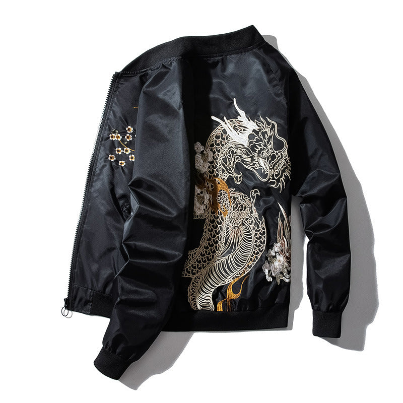 Street Style Dragon Embroidery Thin MA-1 Flight Jacket Men's Baseball Jacket Couple Outfit - SkyeDragon Gifts