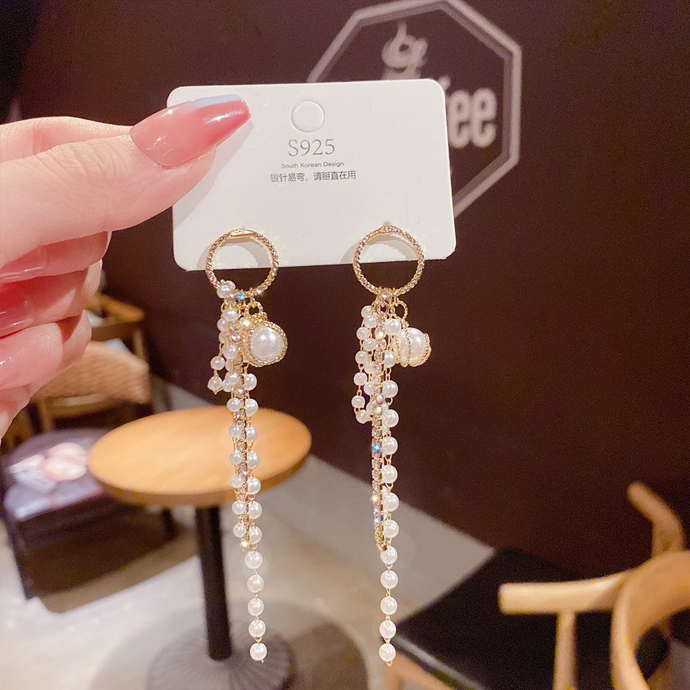 Super Fairy Tassel Pearl Earrings Net Red Trend Temperament Long Earrings S925 Silver Needle Ear Jewelry