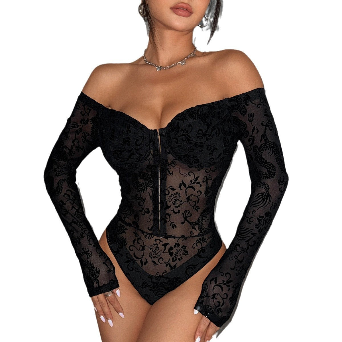 Classic Dragon Pattern Snap Button Sexy Cool Chic Slim Fitted Semi-Transparent One-Shoulder Jumpsuit - SkyeDragon Gifts