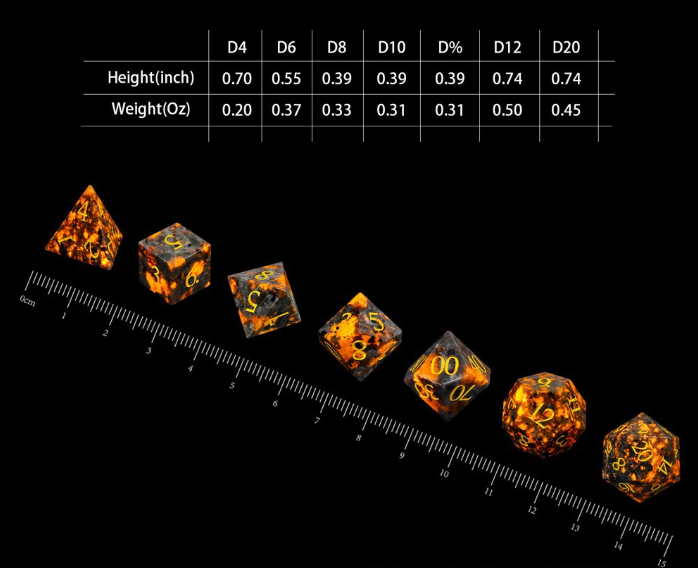 New Dungeons Dragons Board Game 7-Piece Set Dice DND RPG D6 D20 Natural Flame Stone - SkyeDragon Gifts