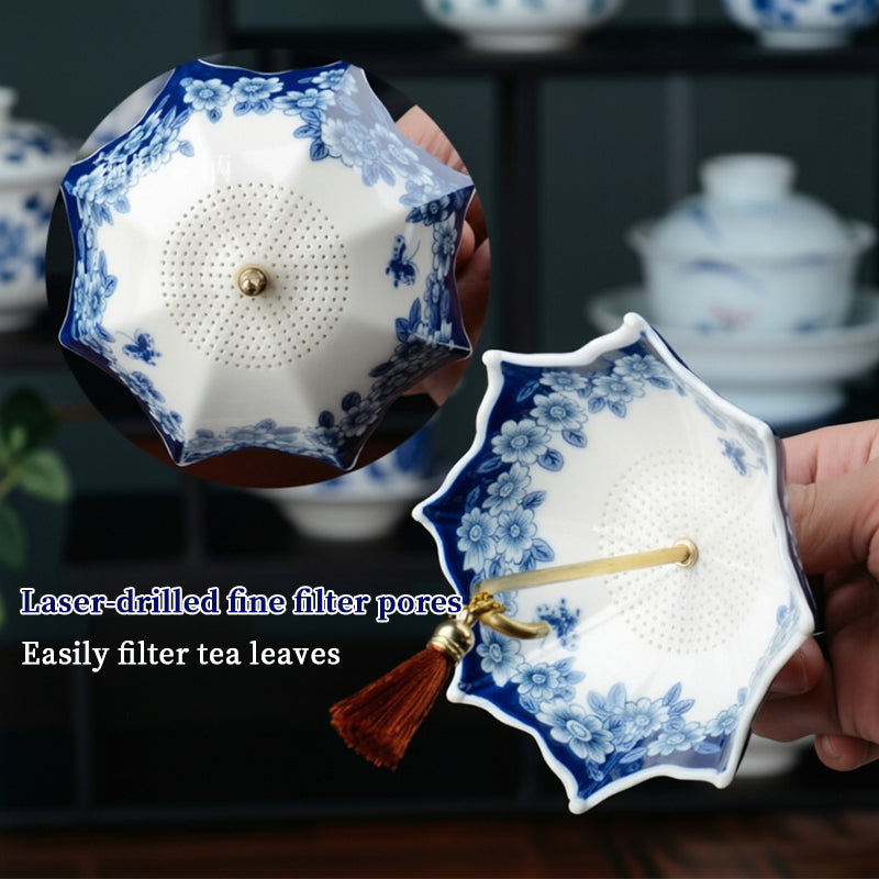 Blue & White Porcelain Umbrella Tea Strainer with Tassel – Chinese Style Ceramic Tea Filter - SkyeDragon Gifts