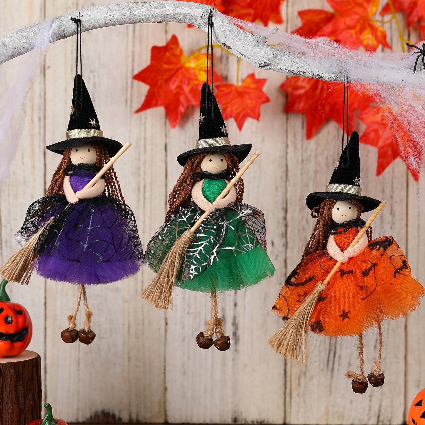 Halloween Mesh Broom Witch Girl Angel Decoration Hanging Bell Doll Christmas Tree Ornament - SkyeDragon Gifts