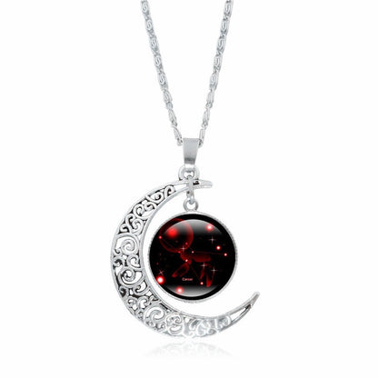 Zodiac Time Gem Luminous Necklace for Women, Simple Silver Moon Pendant Choker - SkyeDragon Gifts