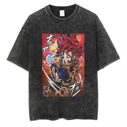 Japanese anime cartoon Dragon Ball oversize high street vintage washed wax dyed direct spray printed short sleeved T-shirt - SkyeDragon Gifts