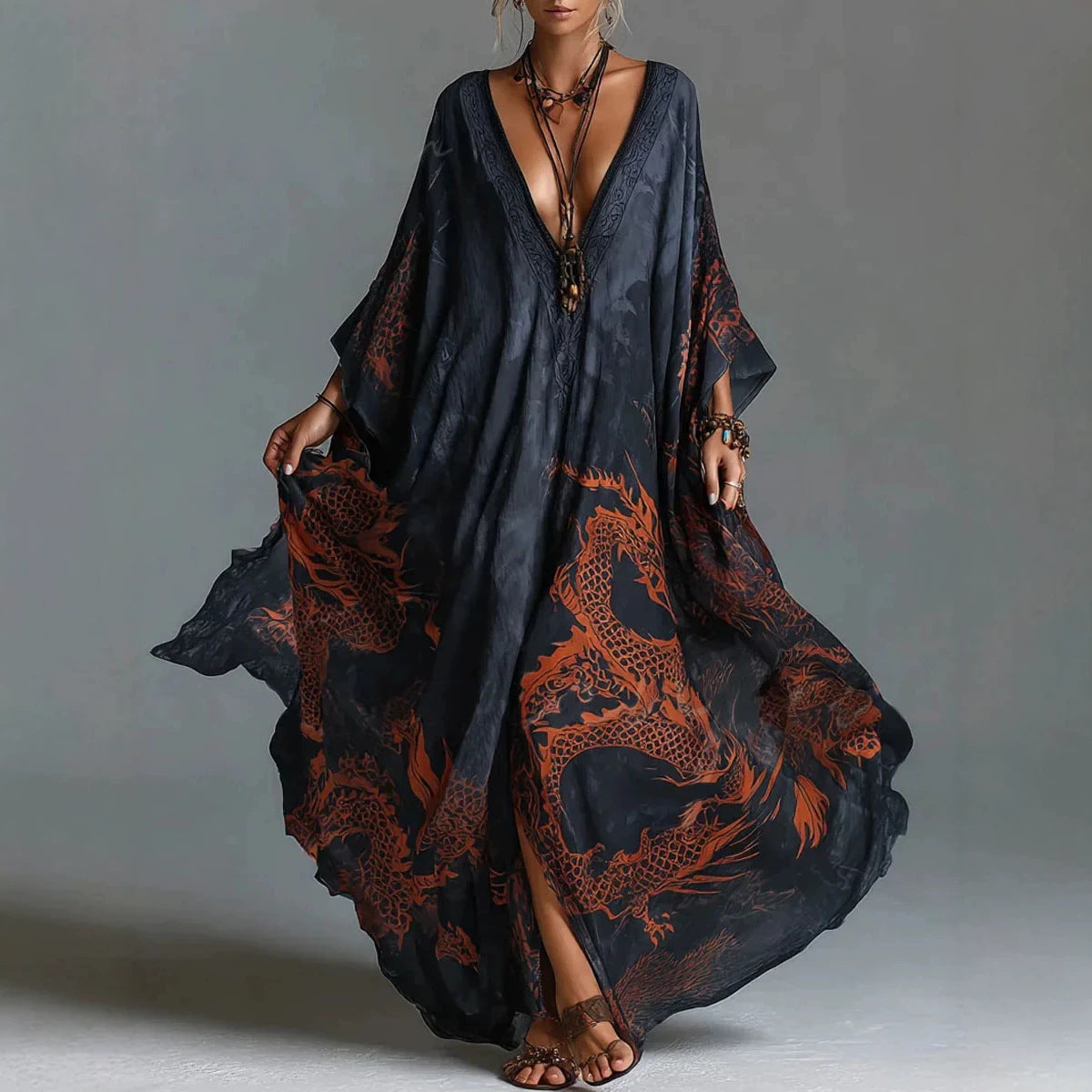 Dragon print beach vacation long dress outerwear - SkyeDragon Gifts