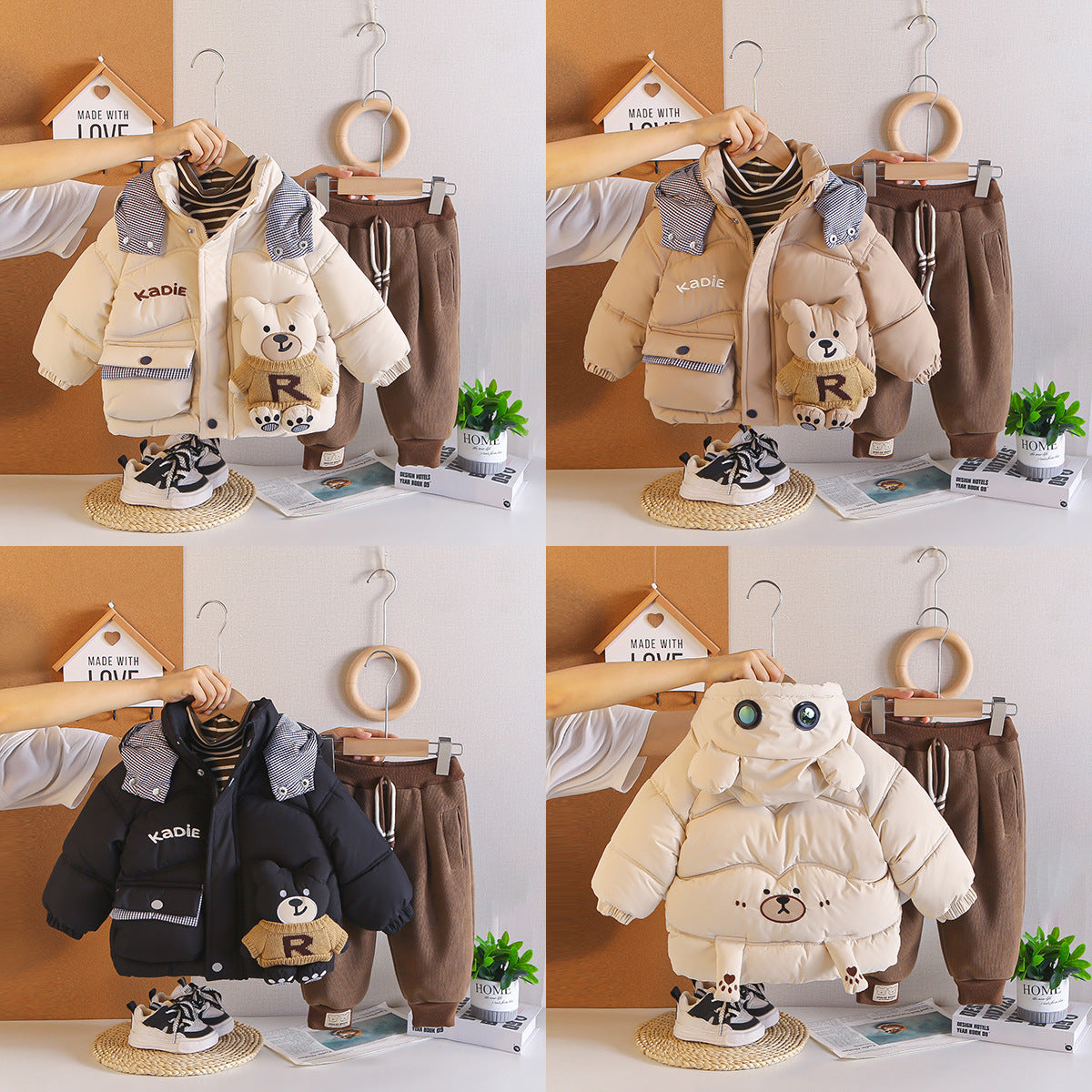 Boys Winter Warm Fleece-Lined 3-Piece Set Bear Pattern Cotton Padded Jacket Outfits Toddler Clothes