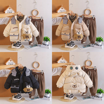 Boys Winter Warm Fleece-Lined 3-Piece Set Bear Pattern Cotton Padded Jacket Outfits Toddler Clothes