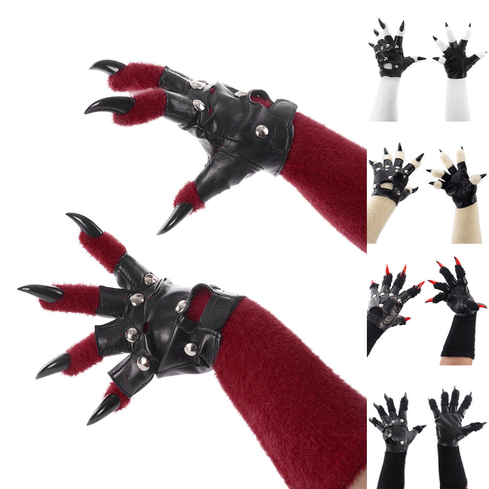 Original Furry Animal Paw Gloves, Punk Leather Gloves, Cosplay Handmade Accessories &ampProps - SkyeDragon Gifts