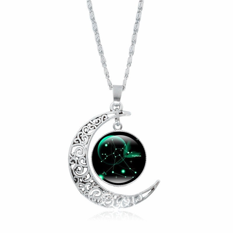 Zodiac Time Gem Luminous Necklace for Women, Simple Silver Moon Pendant Choker - SkyeDragon Gifts