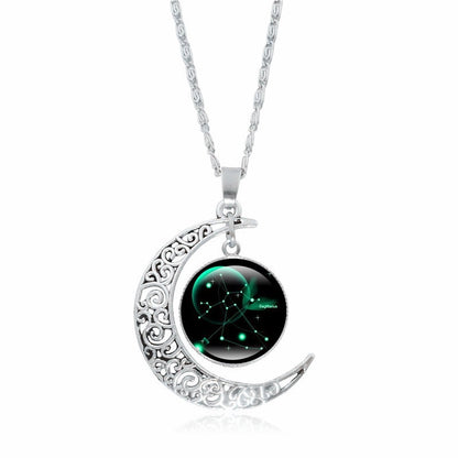 Zodiac Time Gem Luminous Necklace for Women, Simple Silver Moon Pendant Choker - SkyeDragon Gifts