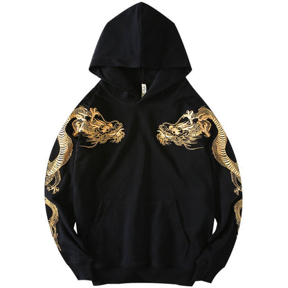 Autumn and winter trendy brand national trend retro yoke dragon embroidered hooded sweatshirt for men and girls for couples - SkyeDragon Gifts