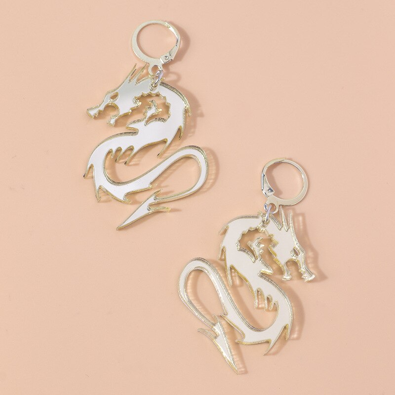 Chinese Style Metal Arcylic Dragon Earrings Punk Cool Gold Silver Color Mirror Surface Animal Drop Earrings for Women Jewelry - SkyeDragon Gifts
