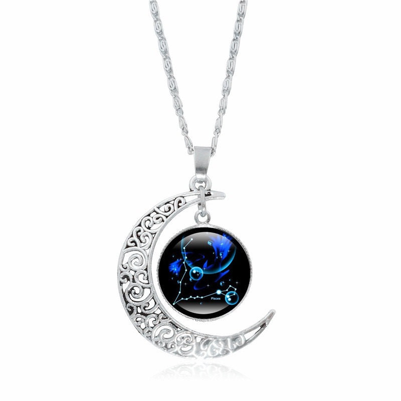 Zodiac Time Gem Luminous Necklace for Women, Simple Silver Moon Pendant Choker - SkyeDragon Gifts