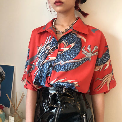 Summer Spring Women Blouses BF style oversized shirts Harajuku Tops Dragon Printing Short Sleeve Shirts Female Streetwear - SkyeDragon Gifts