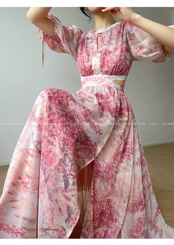 French Art Print Aesthetic Mid Dress Female Summer New Fairy Lantern Short Sleeve Premium Midriff Sakura Long Dress