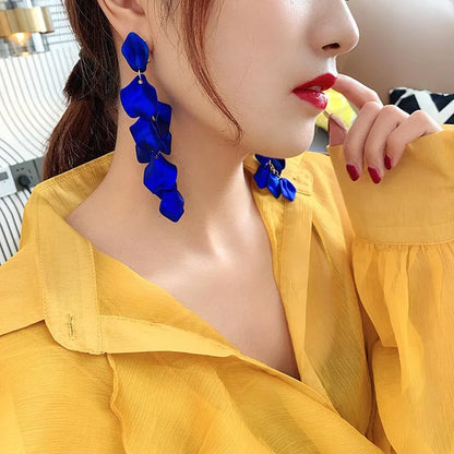 Dark Blue Green Beautiful Exaggerated Fairy Flower Petal Tassel Earrings Trendy Western Earrings Womens Pendent Jewelry