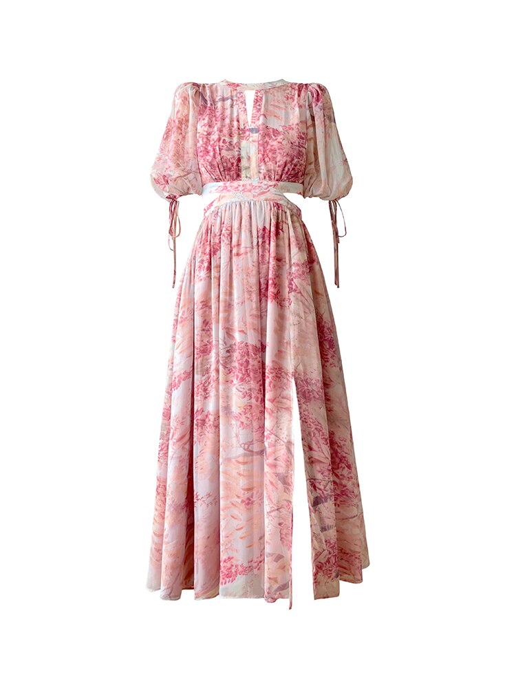 French Art Print Aesthetic Mid Dress Female Summer New Fairy Lantern Short Sleeve Premium Midriff Sakura Long Dress
