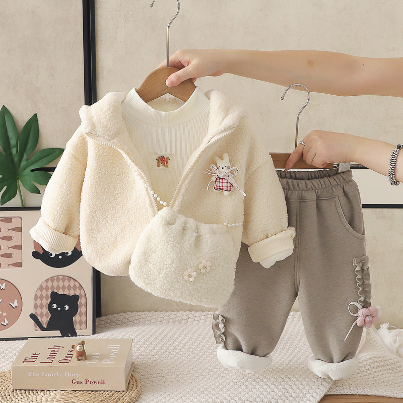 Girls' Floral Rabbit Print Fleece Lined Winter Three-Piece Set