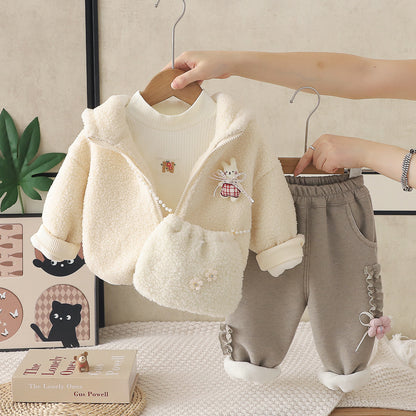 Girls' Floral Rabbit Print Fleece Lined Winter Three-Piece Set