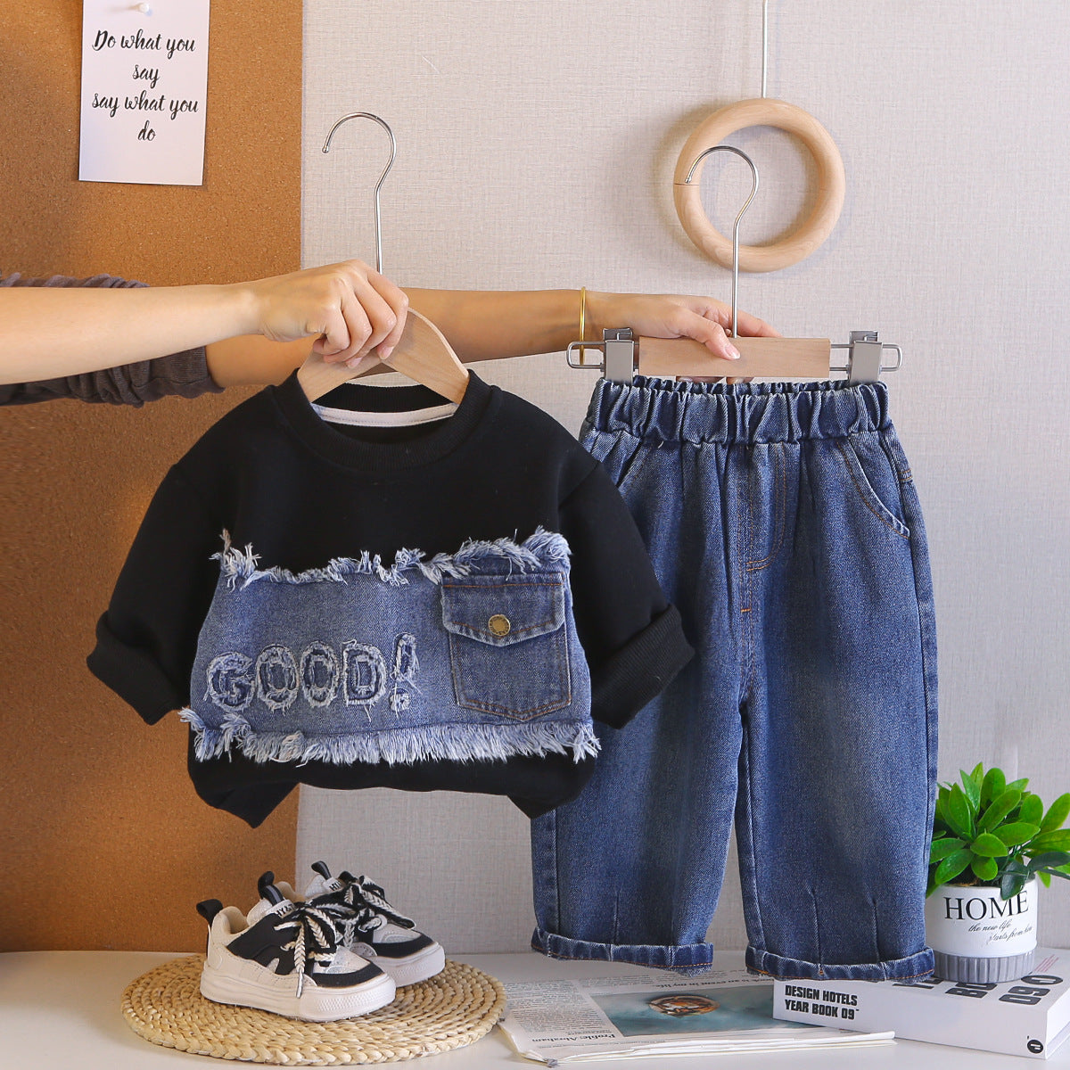 Splicing denim letter hoodie spring long sleeved two-piece set - SkyeDragon Gifts