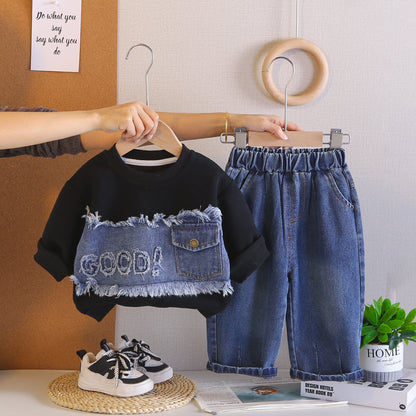 Splicing denim letter hoodie spring long sleeved two-piece set - SkyeDragon Gifts