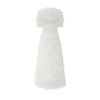 Sweet Ruffle Lace Fairy Dress Mesh Waist-Cinching Slimming Formal Gown French Fashion Dress
