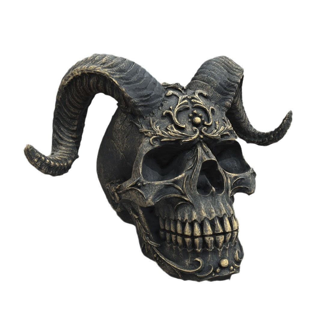 Dark Gothic Ram Horn Skull Resin Sculpture Ornament for Punk Decor