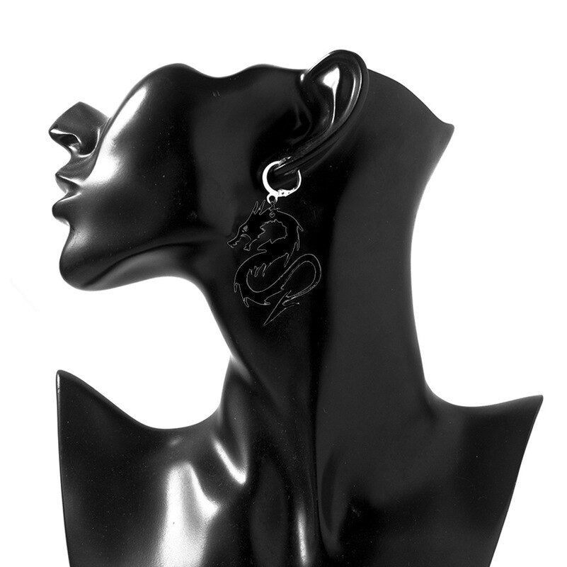 Chinese Style Metal Arcylic Dragon Earrings Punk Cool Gold Silver Color Mirror Surface Animal Drop Earrings for Women Jewelry - SkyeDragon Gifts
