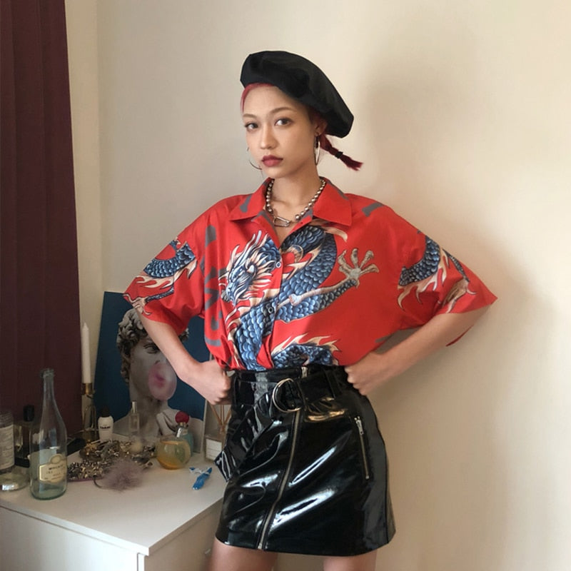 Summer Spring Women Blouses BF style oversized shirts Harajuku Tops Dragon Printing Short Sleeve Shirts Female Streetwear - SkyeDragon Gifts
