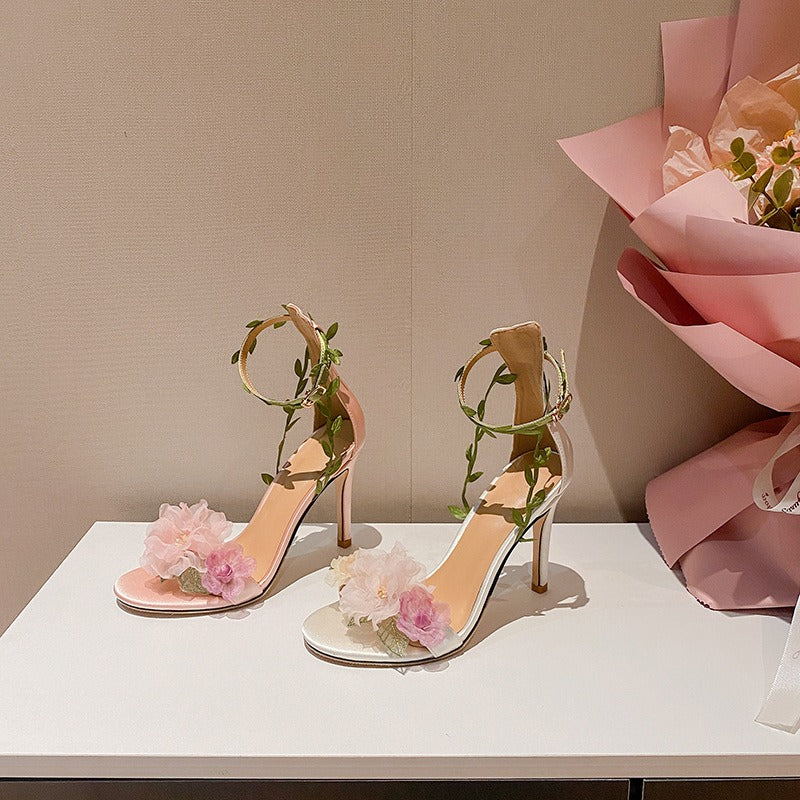 Pink pastoral chiffon flower fantasy high heels one-line vine strap sandals for women - SkyeDragon Gifts