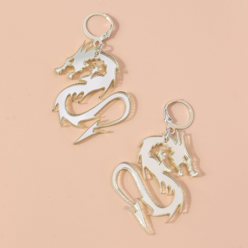 Chinese Style Metal Arcylic Dragon Earrings Punk Cool Gold Silver Color Mirror Surface Animal Drop Earrings for Women Jewelry - SkyeDragon Gifts